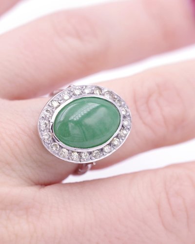 Vintage Jade Diamond Ring In 18 Karat White Go, Vintage Ring, Pre-owned Jewelry, Brilliant Cut 