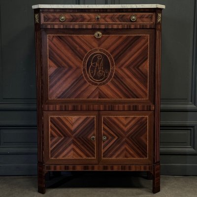 Louis XVI period desk in monogram marquetry and white marble