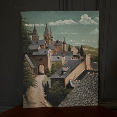 Oil on panel depicting a village in 1961