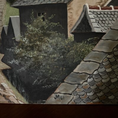 Oil on panel depicting a village in 1961