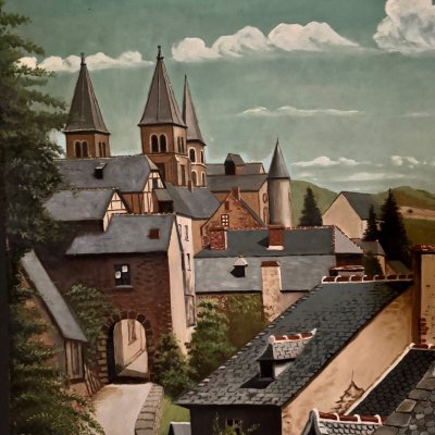 Oil on panel depicting a village in 1961