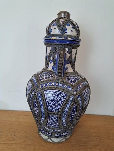 Morocco , Large Covered Pot , Earthenware , Metal , XX°.