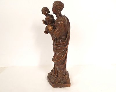 Sculpture Statue Vierge à l'Enfant Jésus Buis Sculpté 40cm Fin XVIIIème