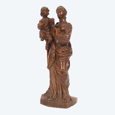 Sculpture Statue Vierge à l'Enfant Jésus Buis Sculpté 40cm Fin XVIIIème