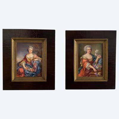 Hand-painted 18th-century women's miniatures signed after Van Loo