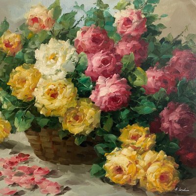 Oil on canvas still life bouquet of roses XXth by A. Jordin