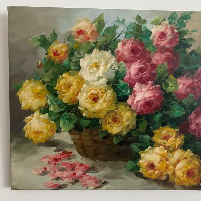 Oil on canvas still life bouquet of roses XXth by A. Jordin