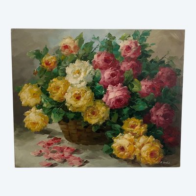 Oil on canvas still life bouquet of roses XXth by A. Jordin