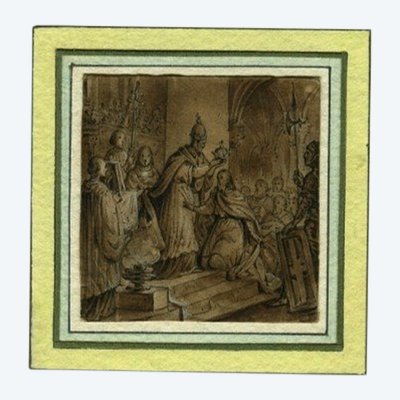 The Coronation of Charlemagne - Original antique drawing in pen, ink and wash