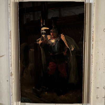 Portrait of a 19th century soldier in a stable by Marius Roy marine painter