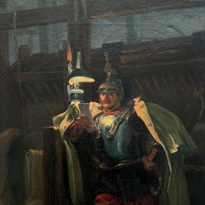 Portrait of a 19th century soldier in a stable by Marius Roy marine painter