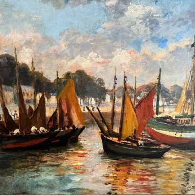 Oil on cardboard by Henri Malfroy Savigny fishing port