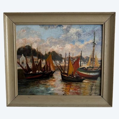 Oil on cardboard by Henri Malfroy Savigny fishing port