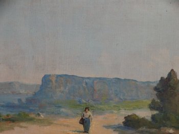 Französische Schule des 20. Jahrhunderts. Die Zählung. Provence-Landschaft. Öl auf Holz signiert.