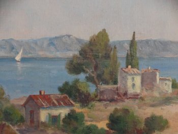 Französische Schule des 20. Jahrhunderts. Die Zählung. Provence-Landschaft. Öl auf Holz signiert.