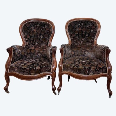 Pair Of Louis XV Style Bergères In Walnut