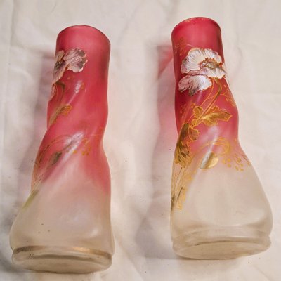 Pair of François Théodore Legras vases in enamelled twisted glass on a pink background with floral decoration, early 20th century