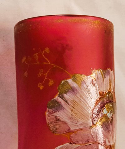 Pair of François Théodore Legras vases in enamelled twisted glass on a pink background with floral decoration, early 20th century