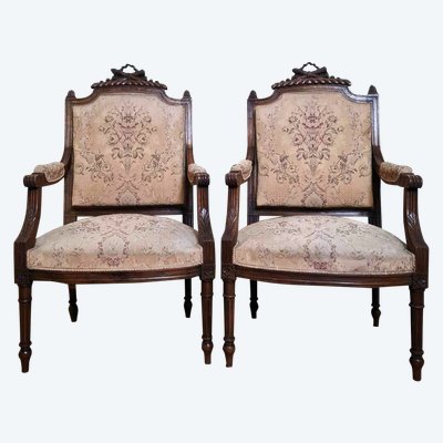 Pair Of Louis XVI Style Queen Armchairs In Richly Carved Wood