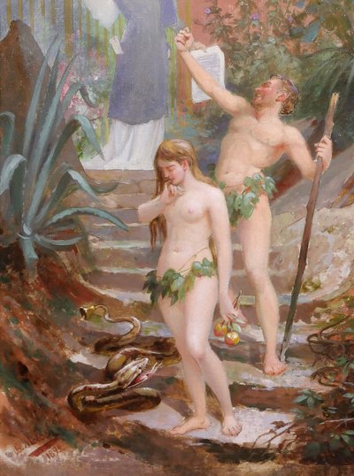 B. MOLOCH 1849-1909 Adam et Eve chassés du Paradis, painting, 1892, cartoon, Alphonse Colomb