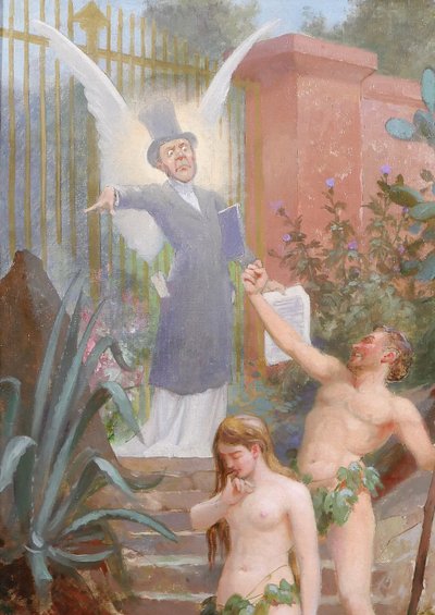 B. MOLOCH 1849-1909 Adam et Eve chassés du Paradis, painting, 1892, cartoon, Alphonse Colomb