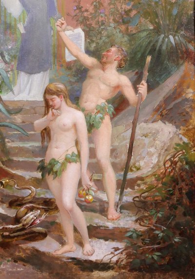 B. MOLOCH 1849-1909 Adam et Eve chassés du Paradis, painting, 1892, cartoon, Alphonse Colomb