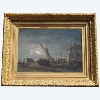 J Suchet, Paysage De Bord De Mer De Nuit, Marseille, Oil on panel 19th century