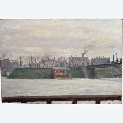 Anatole Eugène Hillairet (1880-1928) Sur la Seine, vue Parisienne Animée, 1898