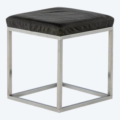 Maison Jansen. Stool in brushed aluminum and black leather. 1970s. LS6177171B