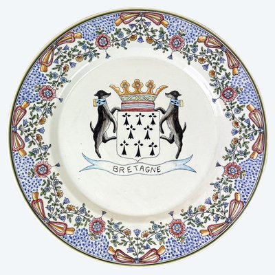 Early 20th Century Brittany: Huge Hand-Painted Coat-of-Arms and Dog Dish