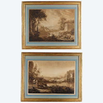 PAIR OF WASH DRAWINGS AFTER CLAUDE GELÉE KNOWN AS LE LORRAIN 18TH CENTURY SCHOOL