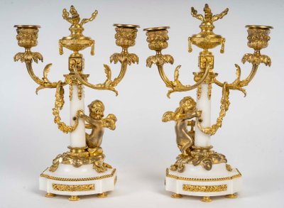 Une Garniture En Bronze Doré Et Marbre Blanc; XIXème Siècle