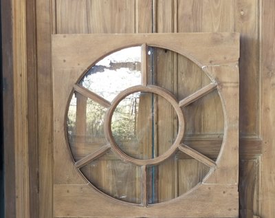 Pair of Large Format Oak Bull's Eye Antique Door Window Woodwork