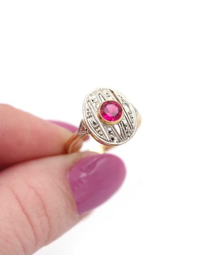 18k Gold And Platinum Oval Art Deco Ring, Synthetic Ruby, Art Deco Jewelry