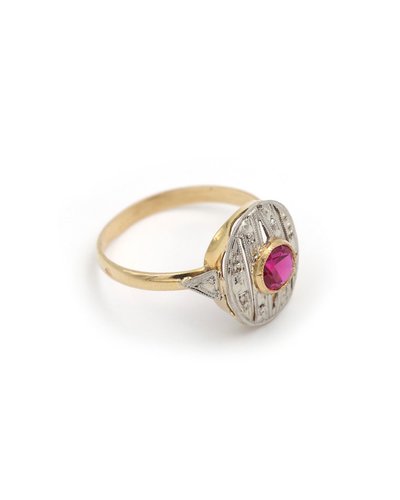 18k Gold And Platinum Oval Art Deco Ring, Synthetic Ruby, Art Deco Jewelry