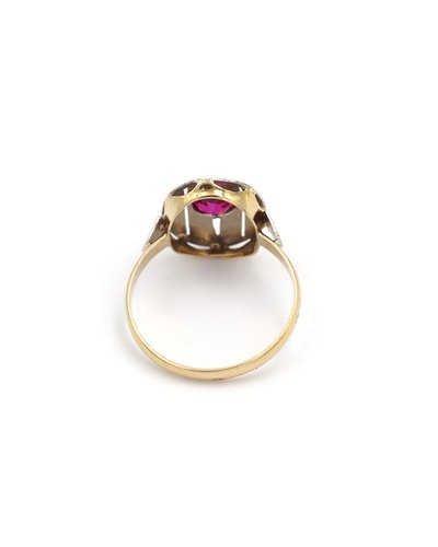 18k Gold And Platinum Oval Art Deco Ring, Synthetic Ruby, Art Deco Jewelry