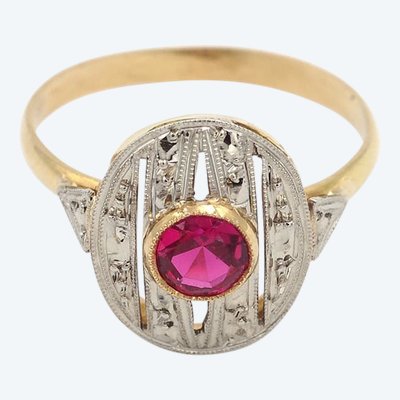 18k Gold And Platinum Oval Art Deco Ring, Synthetic Ruby, Art Deco Jewelry