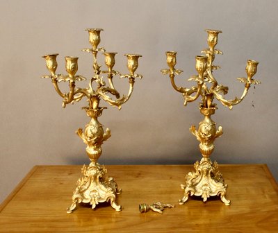 Pair Of Bronze Rocaille Style Candlesticks