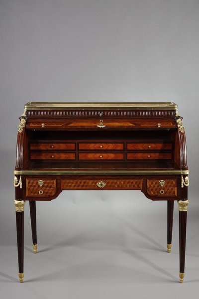 LOUIS XVI STYLE CYLINDER DESK IN MARQUETRY AND GILT BRONZES, LATE 19TH CENTURY