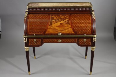 LOUIS XVI STYLE CYLINDER DESK IN MARQUETRY AND GILT BRONZES, LATE 19TH CENTURY