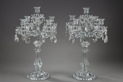 Pair of glass candelabras with crystal pendants