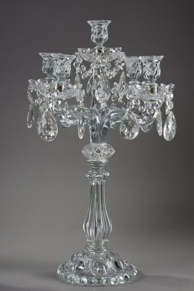 Pair of glass candelabras with crystal pendants