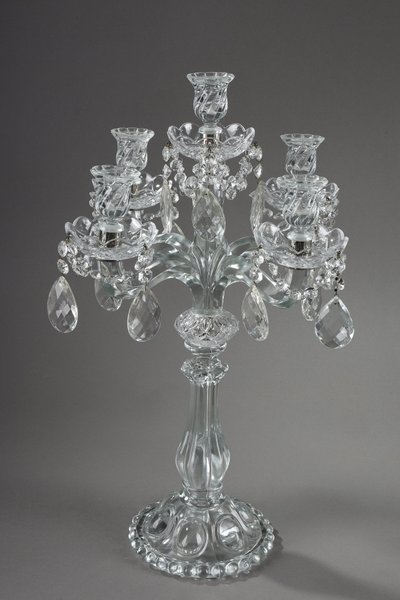 Pair of glass candelabras with crystal pendants