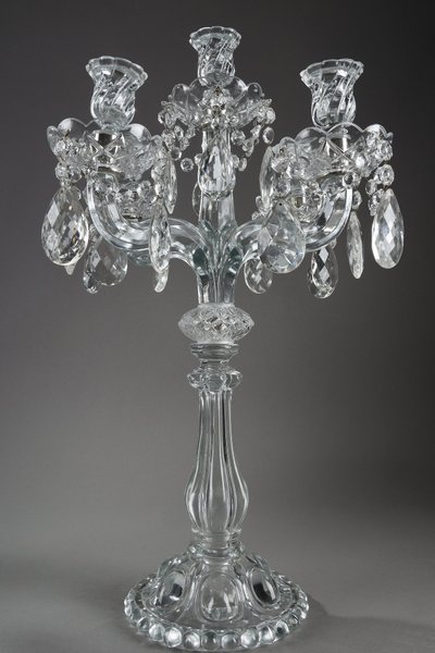 Pair of glass candelabras with crystal pendants