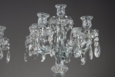 Pair of glass candelabras with crystal pendants