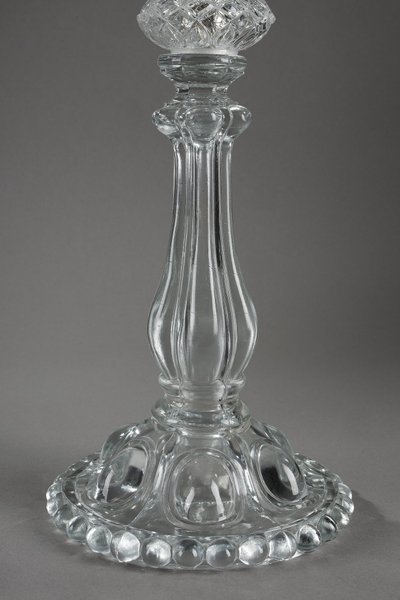 Pair of glass candelabras with crystal pendants