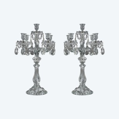 Pair of glass candelabras with crystal pendants