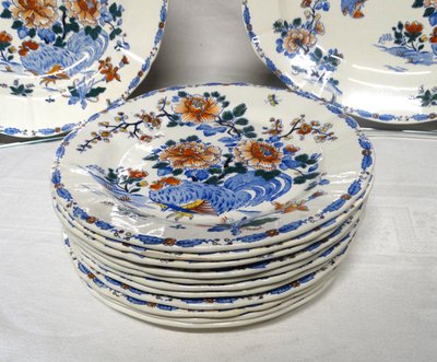 GIEN - Part of earthenware table service. Peony rooster model. 15 pieces.