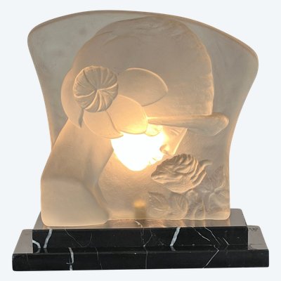 LAMPE ÉPOQUE ART DÉCO EN PÂTE DE VERRE SUR SOCLE EN MARBRE " VISAGE DE FEMME "