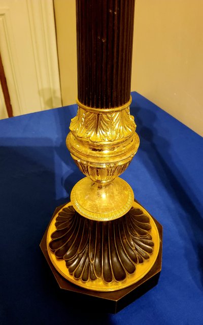 Pair of Antique Bronze Column Candlesticks with Double Patina, 19th Century